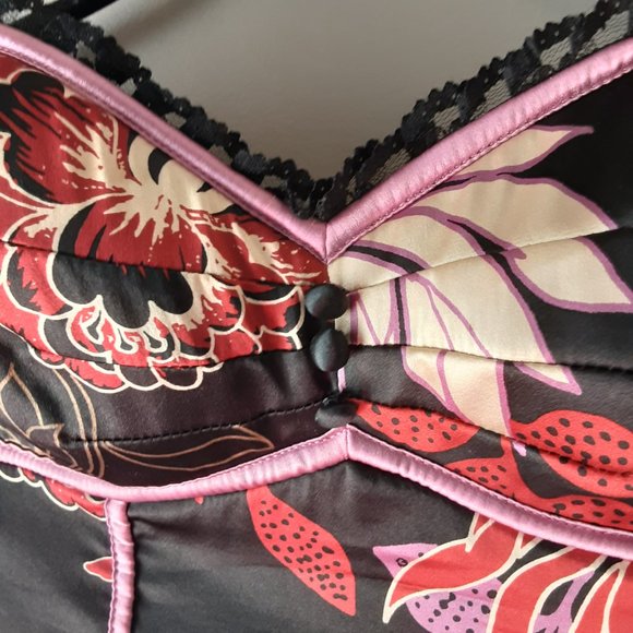 Bebe 100% Silk Black Pink Strapless Floral Flowy Dress Size Large - Picture 6 of 16